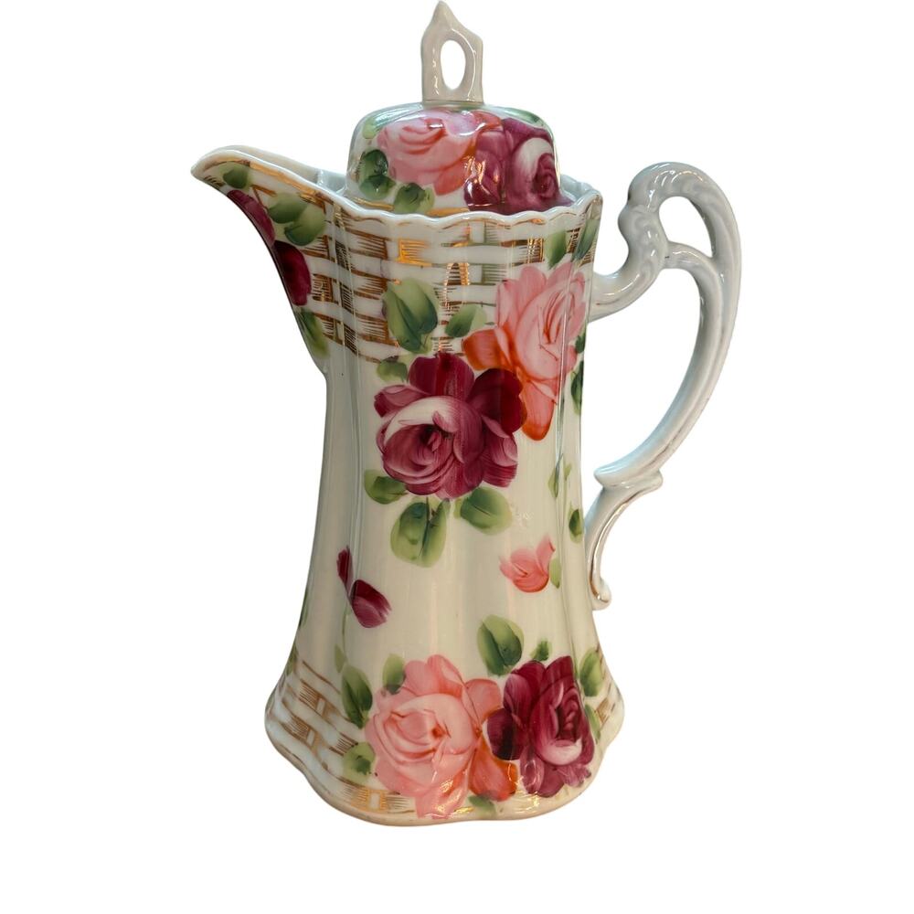 Vintage Hand Painted coffee tea pot & lid white porcelain pink & red roses